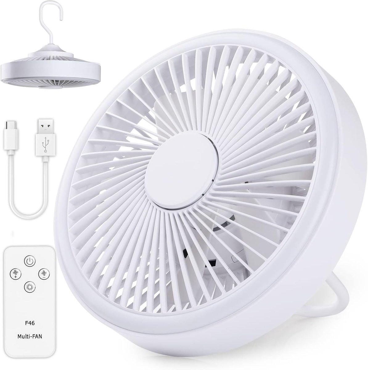 USB-bureauventilator, stille ventilator met afstandsbediening, 3 snelheden, 360 graden verstelbaar, 2 modi, 4000 mAh, draagbare ventilator voor kantoor, camping en kinderwagen, wit