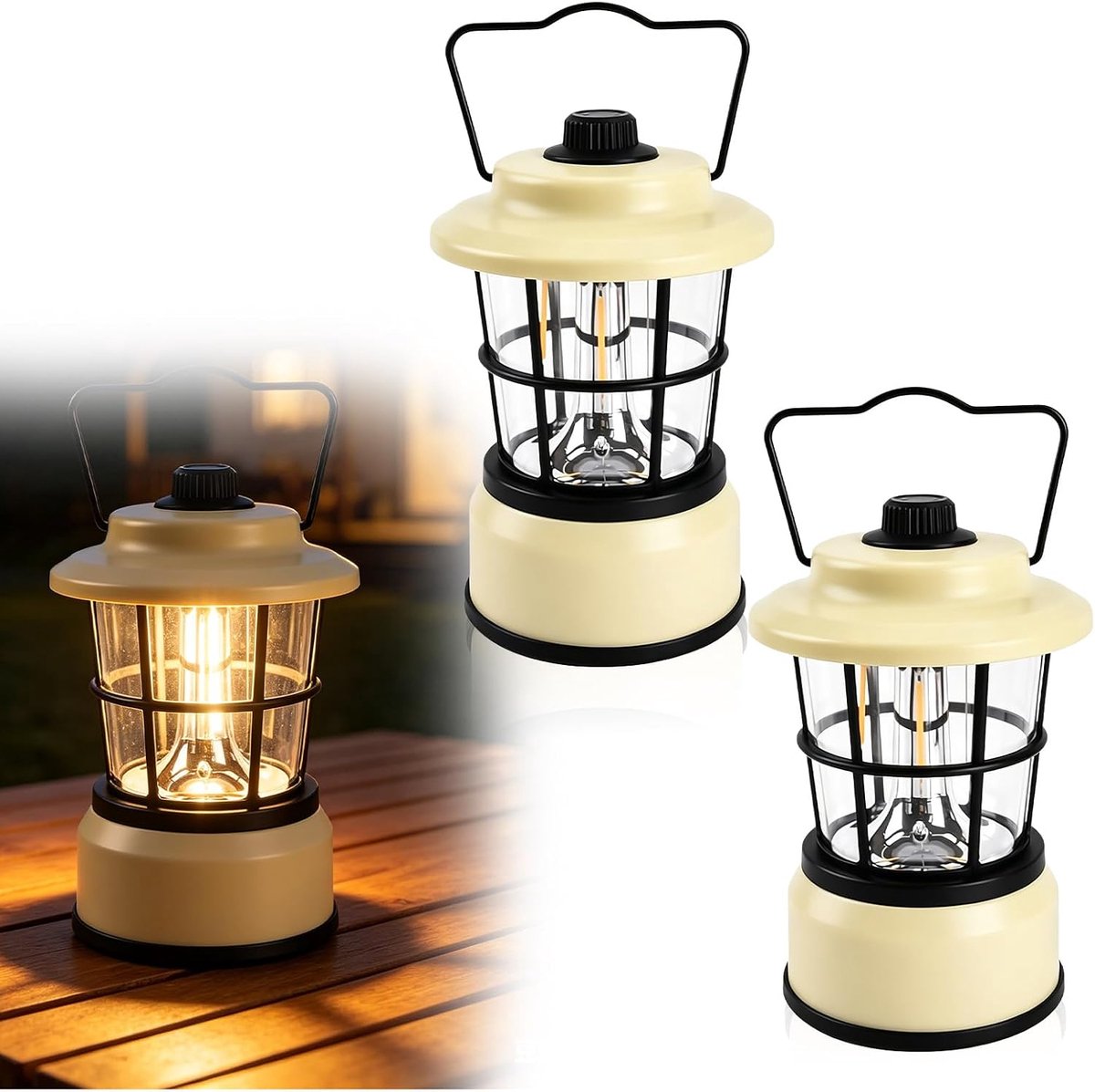 2 Stuks LED Campinglamp, Retro Campinglantaarn, Dimbaar Met Tweekleurig Licht, Werkt Op Batterijen, Draagbaar Voor Tent, Tuin En Noodverlichting
