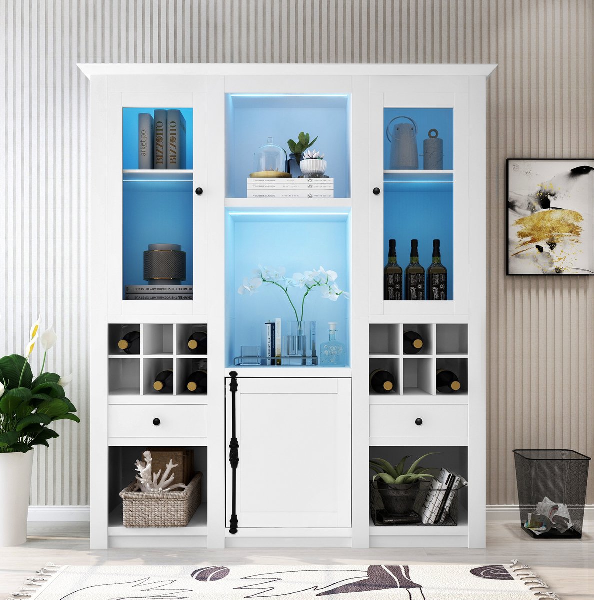 MIVRAY Vitrinekast - Witte Staande Opbergkast Met 16 Kleuren LED En Acryl Deuren - Voor Woonkamer En Presentatie - MDF - 143 Cm - Wit
