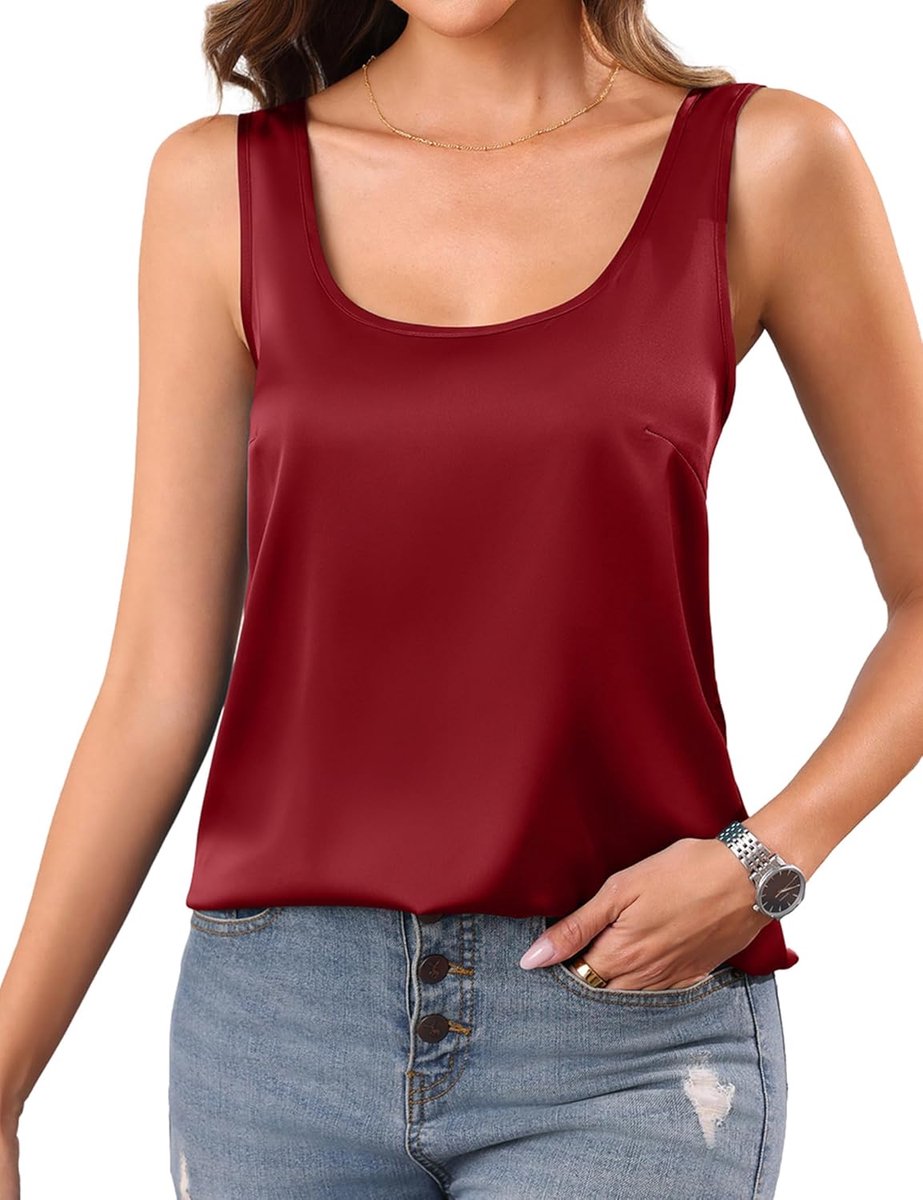 Dames satijnen tanktops mouwloos zomervest vierkante kraag los | Glad satijnen gevoel, ontspannen vorm, lichtgewicht laag, werkavond en gelegenheidskleding