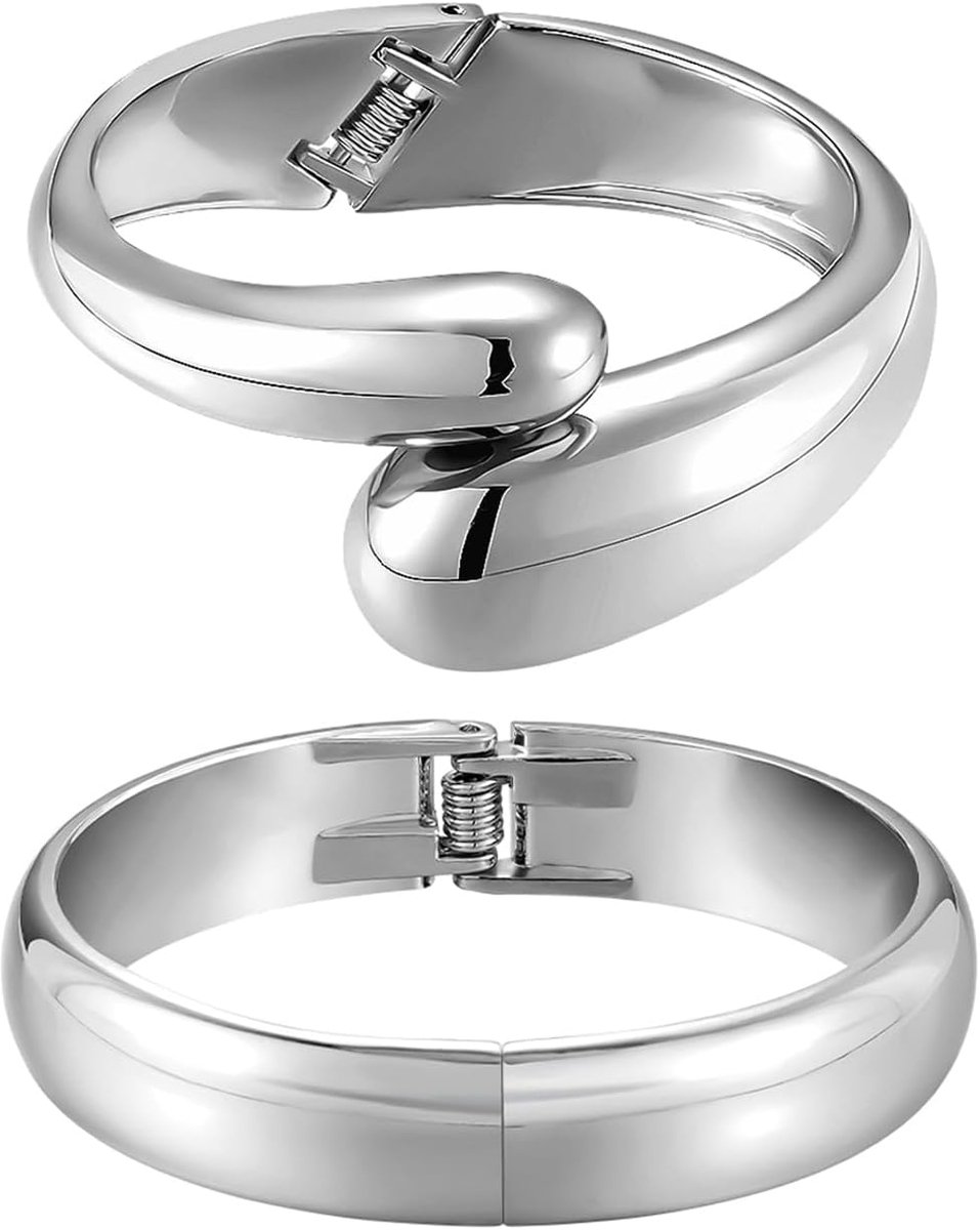 Silver Bangle Cuff Bracelet Stack, Chunky Teardrop Hinged Thick