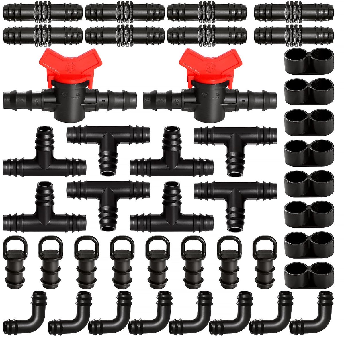 42 Stuks Drip Irrigation Fittings Kit voor 16mm Buizen, Druppelirrigatie Prikkeldraad Connectors voor Tuin, Gazon, met Schakelklep, Koppeling, T-stukken, Elleboog, Eindsluiting en Eindplug