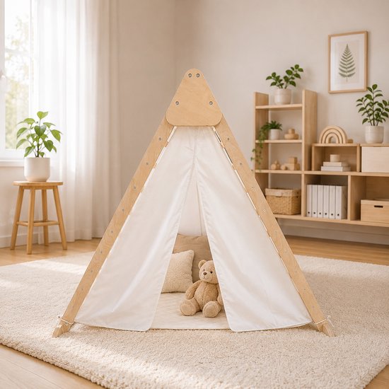 Maxx kidz - Houten Klimrek- 2 in 1 - Pikler Speeltoestel voor Binnen en Buiten - Tipi tent - Klimdriehoek met Doek - Tipi tent met klimrek - Hout Peuter Speelgoed van Maxx Kidz — afbeelding 5