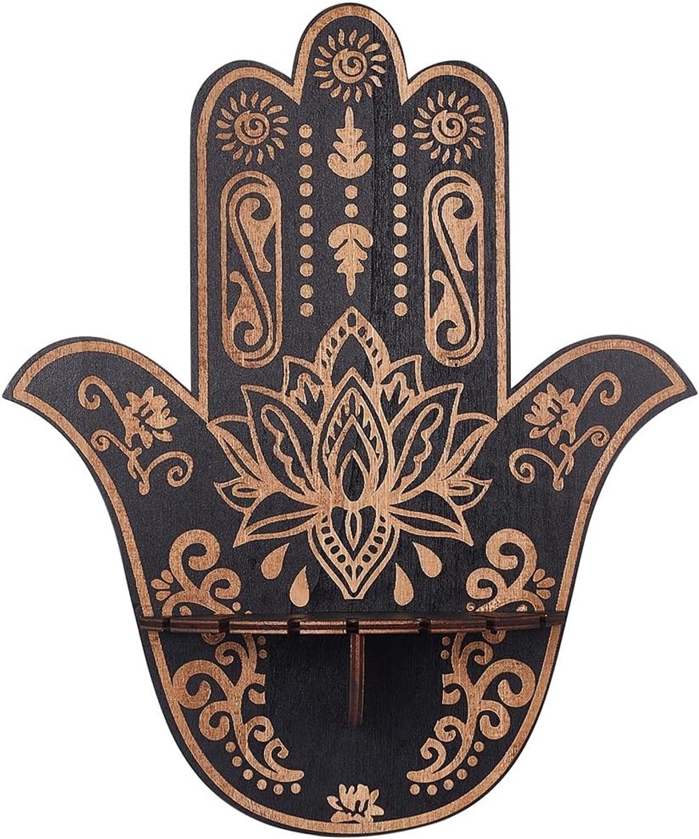 Hamsa Kristallen displayplank Hamsa Hand Houten Wanddecoratie Kristallen Houder Planken Lotus Wandmontage Drijvende Plank Stand voor Heks Spullen Altaar Levert Spiritueel Geschenk Zwart