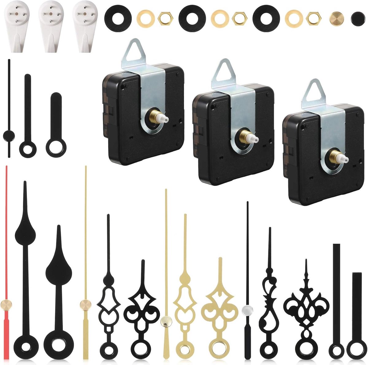 3 stuks niet-tikkende kwartsklok bewegingsmechanisme met 6 sets korte wijzers, batterij-aangedreven klokmotorkit voor doe-het-zelf reparatie vervanging (13 mm)