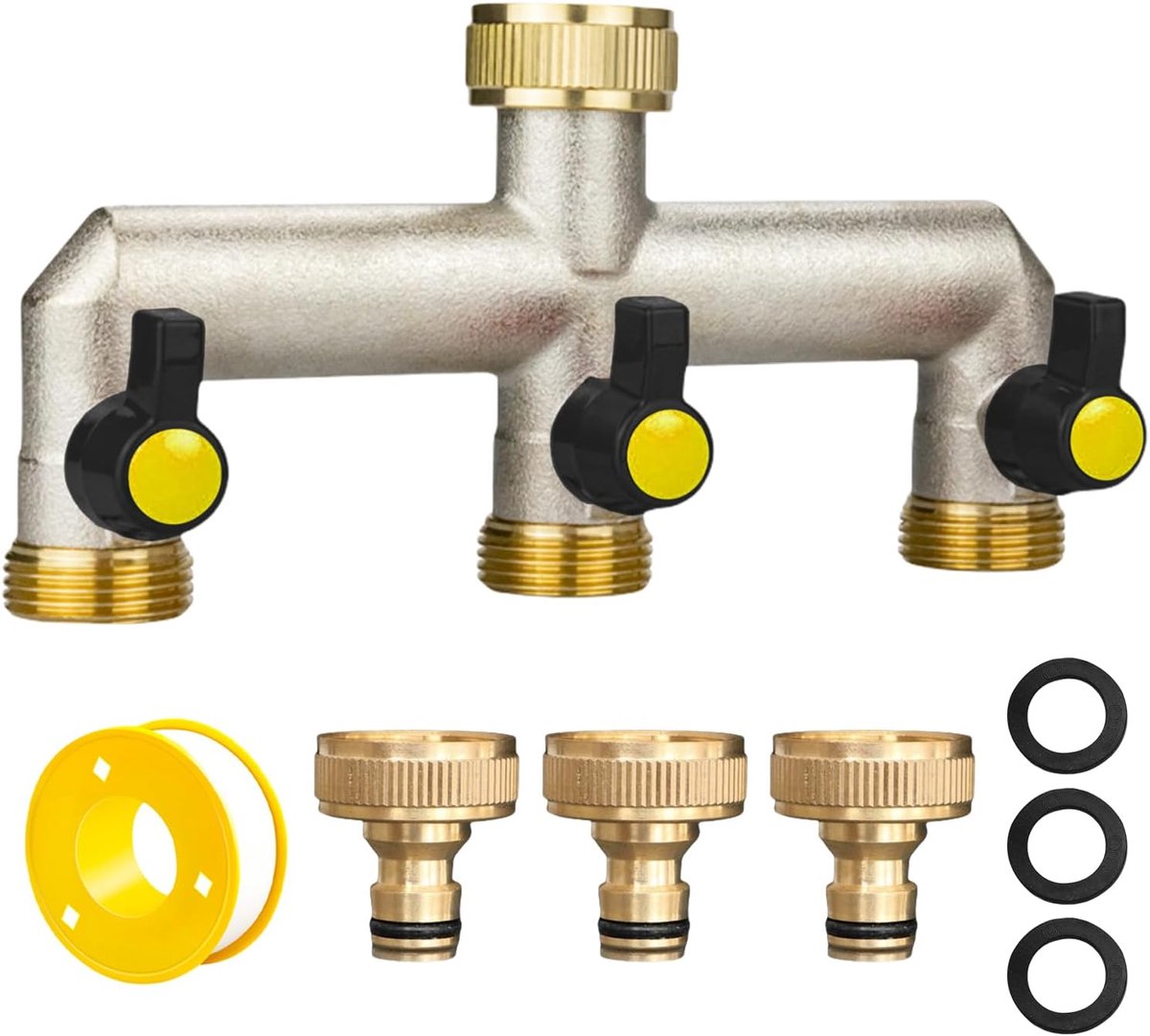 3-weg waterverdeler, 3-weg verdeler, 3-weg waterverdeler, kraanverdeler van messing met grondstoffen linten en 3 stuks 3/4 inch wateruitlaat voor wasmachine, keuken, gazon