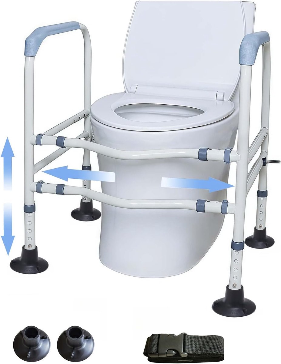 Toilet Opstahulp, Veiligheidsrekken voor Toiletten, Robuust Toiletveiligheidsframes met Antislip Handgrepen, In Hoogte (63-74cm) en Breedte (55-60cm) Verstelbaar Zonder Boren