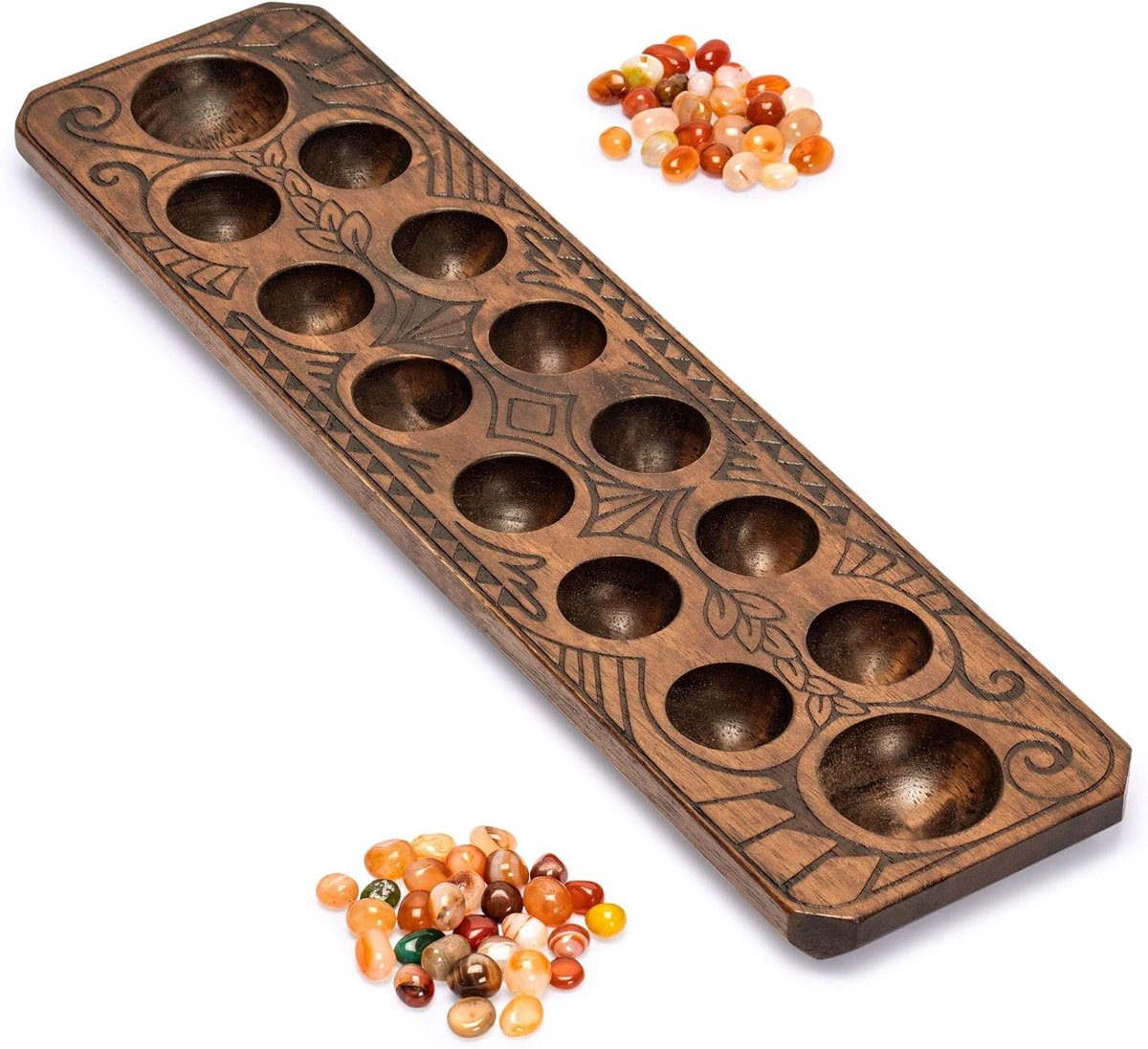 Mancala-set met massief houten bord van 44 centimeter en speelstukken van kwartskiezel - Gemaakt door Yellow Mountain Imports