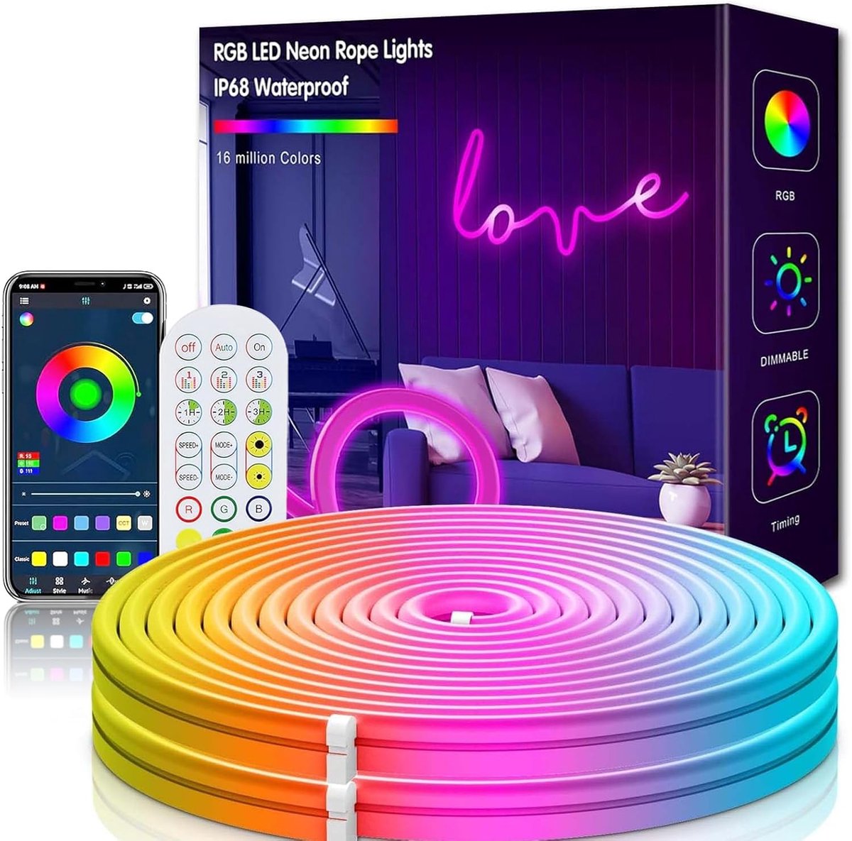 ledstrip, 5 meter, siliconen, neonverlichting, flexibel, werkt met app, afstandsbediening, IP67 waterdicht, muzieksynchronisatie, decoratie voor buiten/binnen, feest