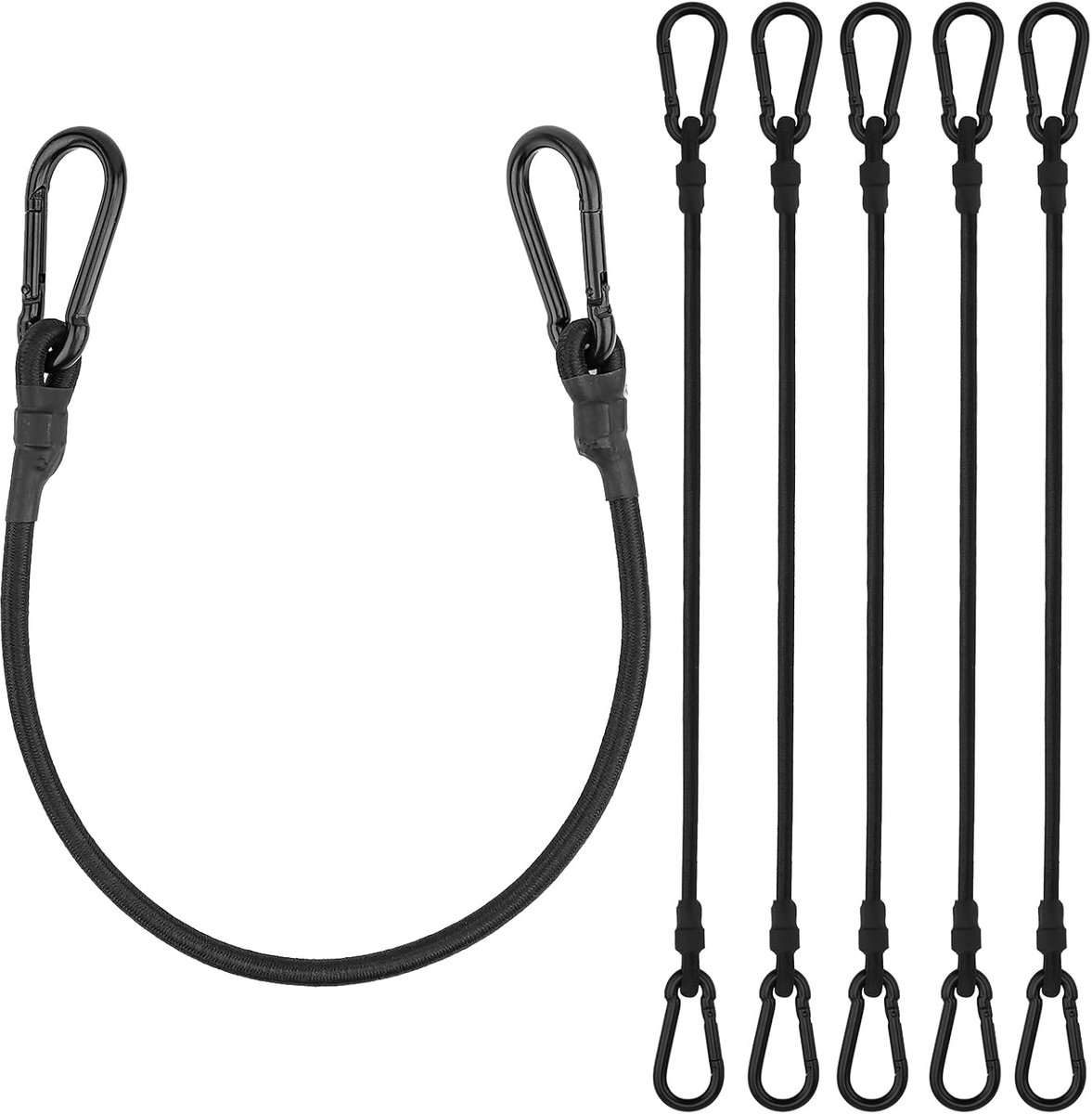 Elastische touwen, 6 elastische riemen met haken voor dekzeilen, 60 cm, zwart. | Weerbestendig, hoge elasticiteit, diameter 8 mm, met karabijnhaak voor bagagedrager, motorfiets, fiets, camping