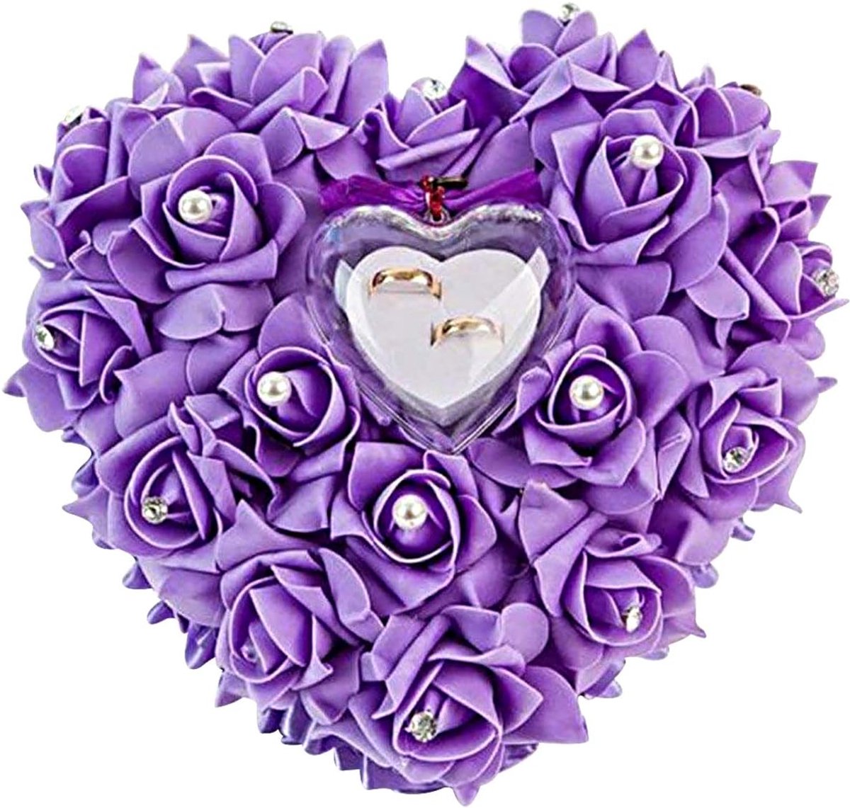 Romantische Roos Bruiloft Ringkussen Ring Box Hart Voorkeuringen Trouwring Kussen met Elegante Satijn Flora (1 Paars)