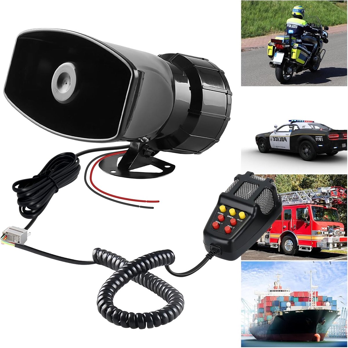 AutoS Sirsene-luidspreker, 12 V, 100 W, 7 geluiden, autosirene met microfoon, autosirene, geluidssirene, autosirene, autosirene, claxon, voor auto, motorfiets, bestelwagen, boot, vrachtwagen