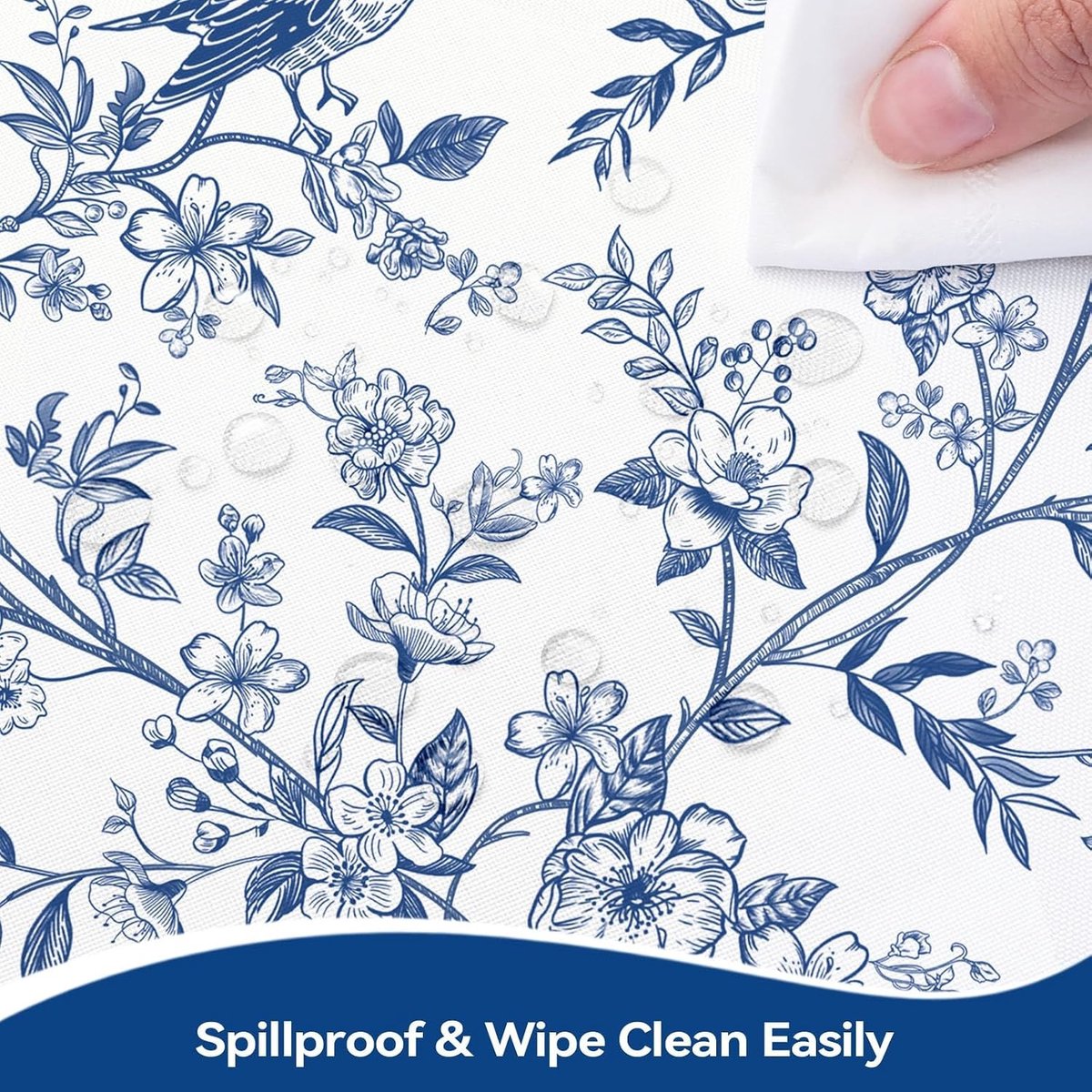 Wasbare tafellaken met bloemen en vogels in blauw, vintage boerderijstijl, perfect voor feestjes, picknicks en diners, geschikt voor rechthoekige tafels