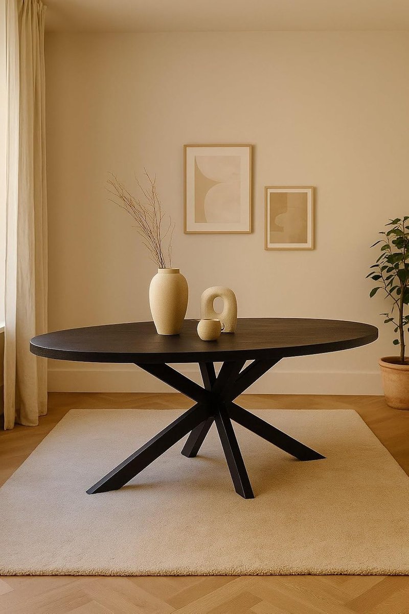 Home Ovale Eettafel 180 cm Mangohout – Zwart – Zwart Metalen Matrix Onderstel – Industrieel – 4-5 Personen