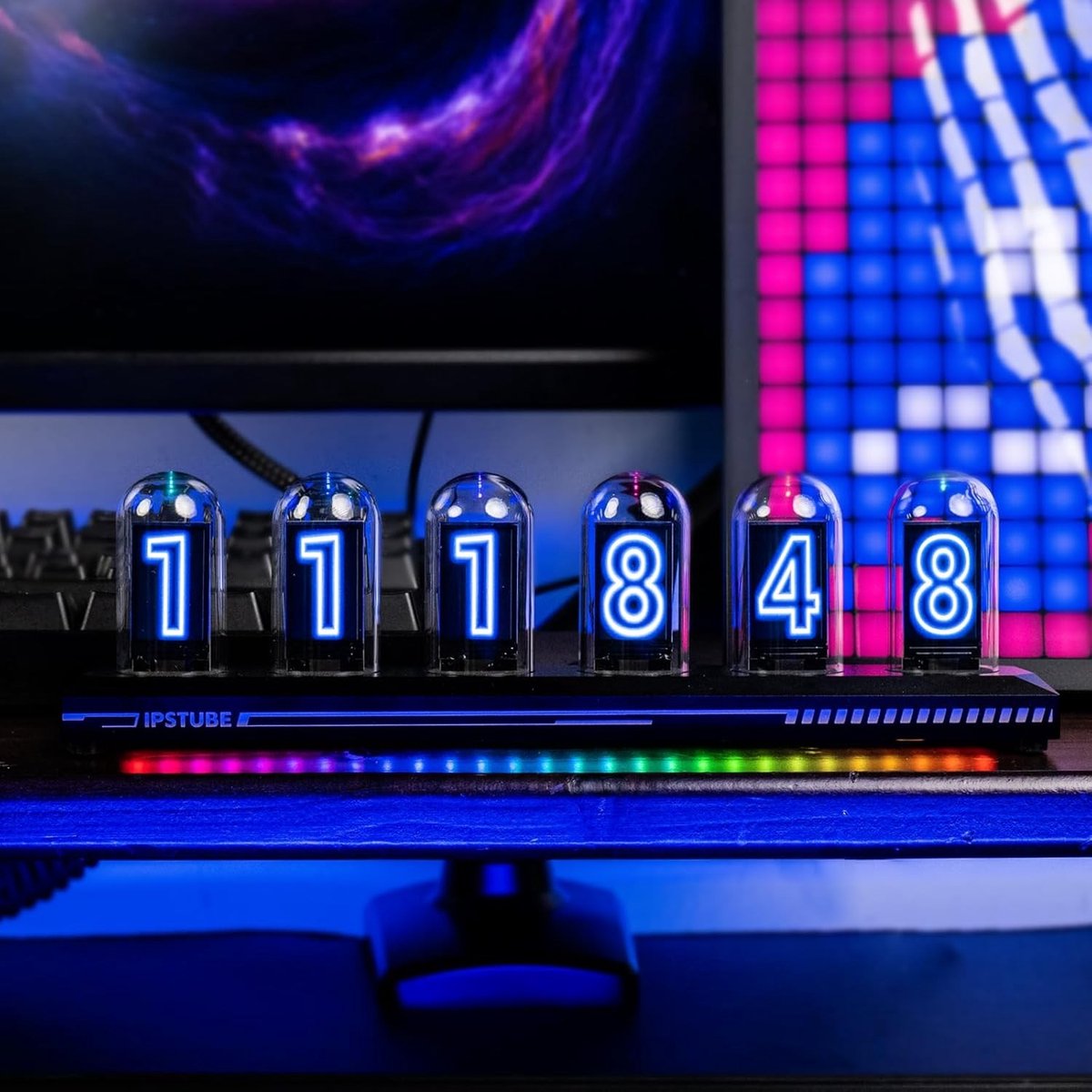 Kleurrijke Nixie Tube Klok met RGB Verlichting, Instelbaar Digitale Fotoalbum en Weerfunctie, 5 Inch IPS Scherm en App Besturing, Retro Cadeau voor Vrienden