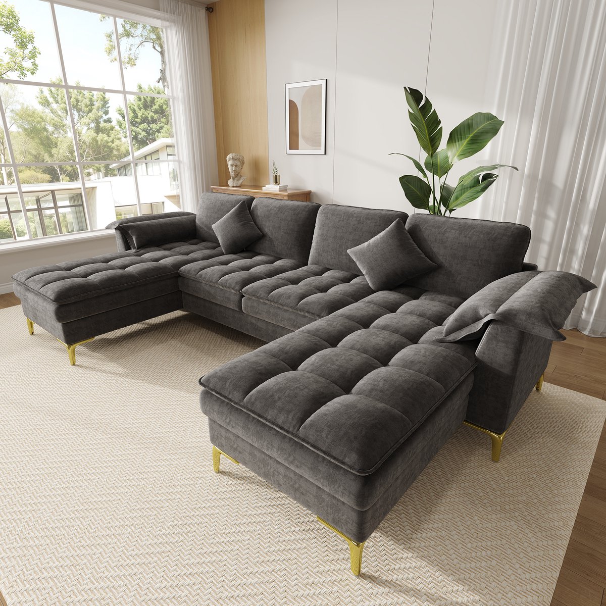 Moderne Hoekbank, U-Bank, 4-Zits bank, U-Vormige Hoekbank, Modulair Ontwerp Voor 4 Personen Met Wolkachtig Design En Dubbellaagse Schuimkussens, Inclusief 2 Chaise Longues, 2 Kussens, Gouden Metalen Poten, Chenille Bekleding, Grijs