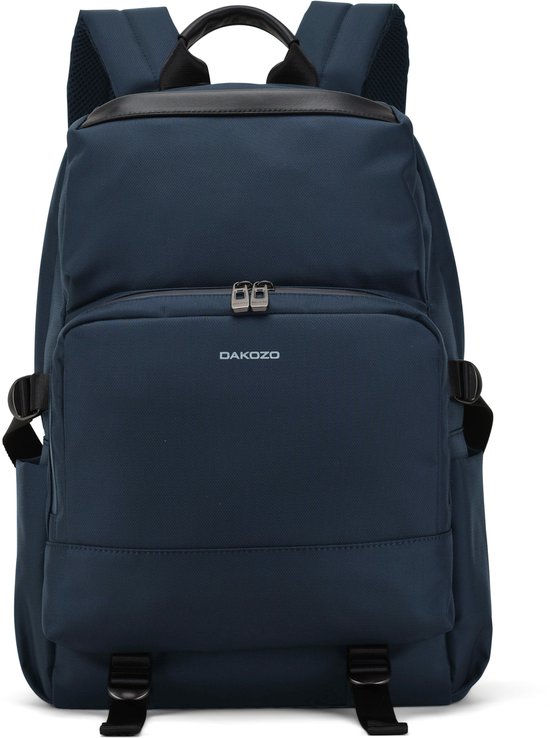 Vooraanzicht van een donkerblauwe rugzak met zwarte banden en leren accenten.