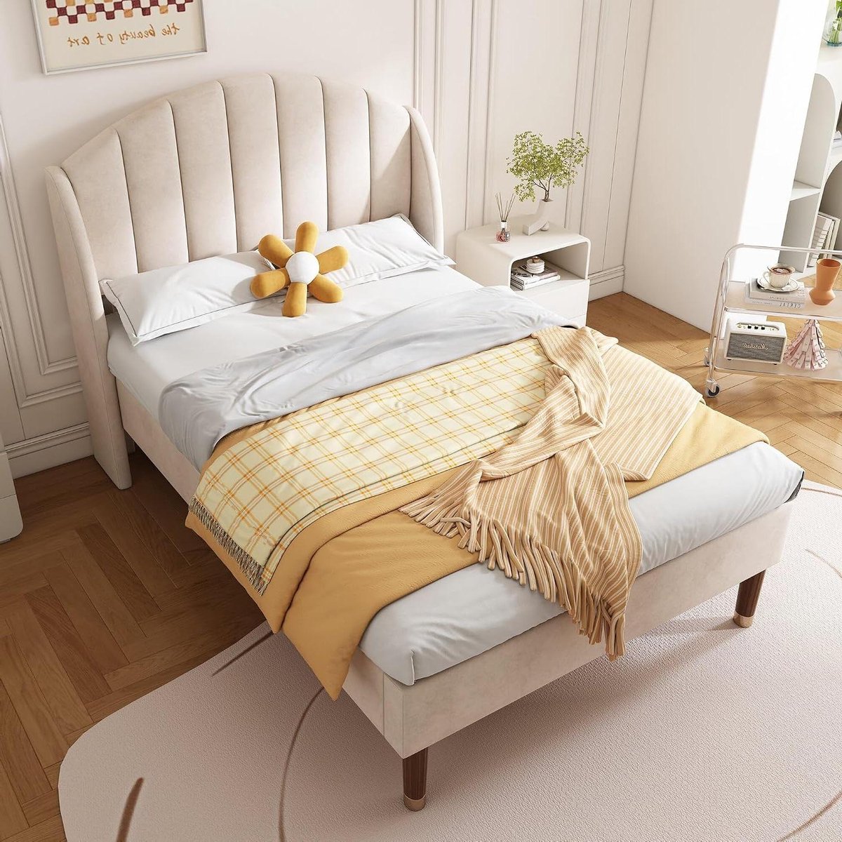 Gestoffeerd Bed - Tienerbed Eenpersoonsbed - Ontspannen Slapen - Zacht Fluweel Hoofdeinde - 90 x 200 cm - Beige