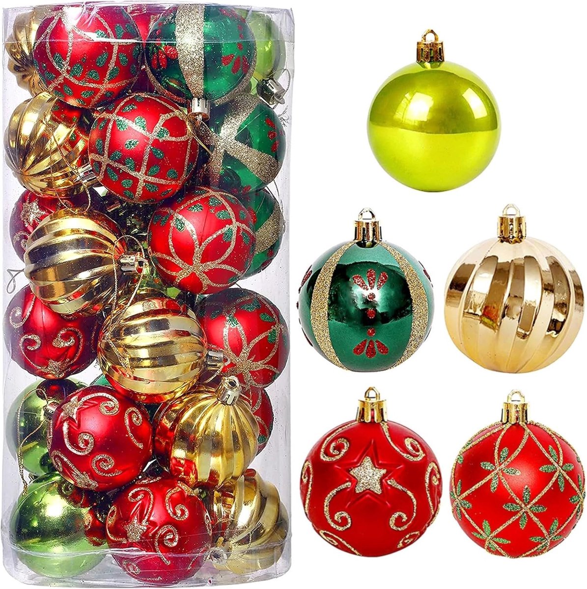 KAHEIGN 30 stuks Kerstballen, 6 cm goud rood groen kerstbal ornamenten onbreekbare kersthangballen sets voor kerstboom - ShopVlot