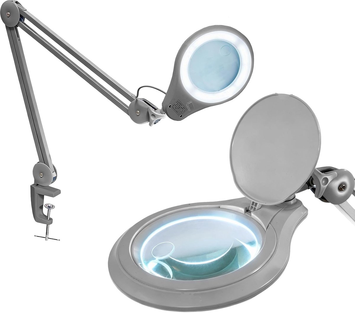 SnelShoppen - Neatfi Bifocale 1.200 Lumen Super LED Vergrootlamp met Klem, 5D + 20D, Dimmer, 60 Stuks SMD LED, 13CM Diameter Lens, Zilver, Voor Lezen,