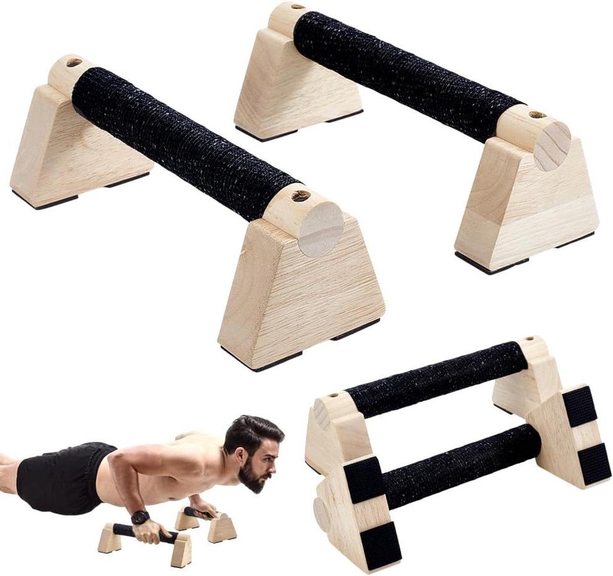 Houten Parallettes - Oefenbars Calisthenics - Krachtraining Thuissport - Natuurlijke Grip - 25 cm breed - Bisque