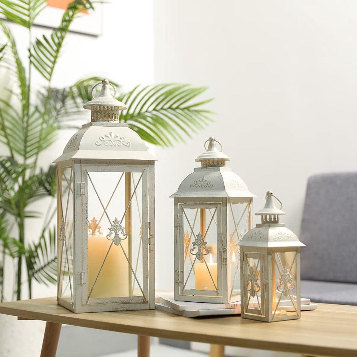 SnelShoppen - Set van 3 Decoratieve Kaarsenlantaarns 49/34/24cm Hoog Hangende Lantaarn Metaal Kaarsenhouder met Gehard Glas Perfect voor Woonkamer Tui