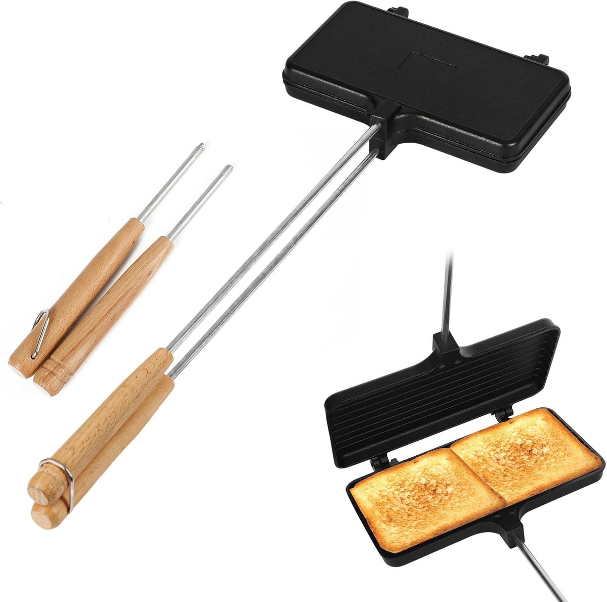 SnelShoppen - PEUTIER Dubbele Cake Ijzers, Antiaanbak Cake Makers voor Kamperen met 4 Afneembare Handvatten, Draagbare Sandwich Maker voor Boven het K