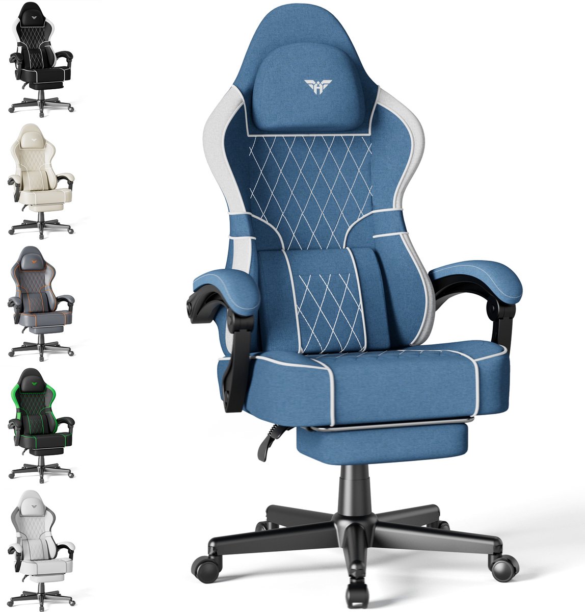 Arvioo CK-HD560 Gaming Stoel - Voetensteun - Massage Lendenkussen - Katoen-Linnen Blauw
