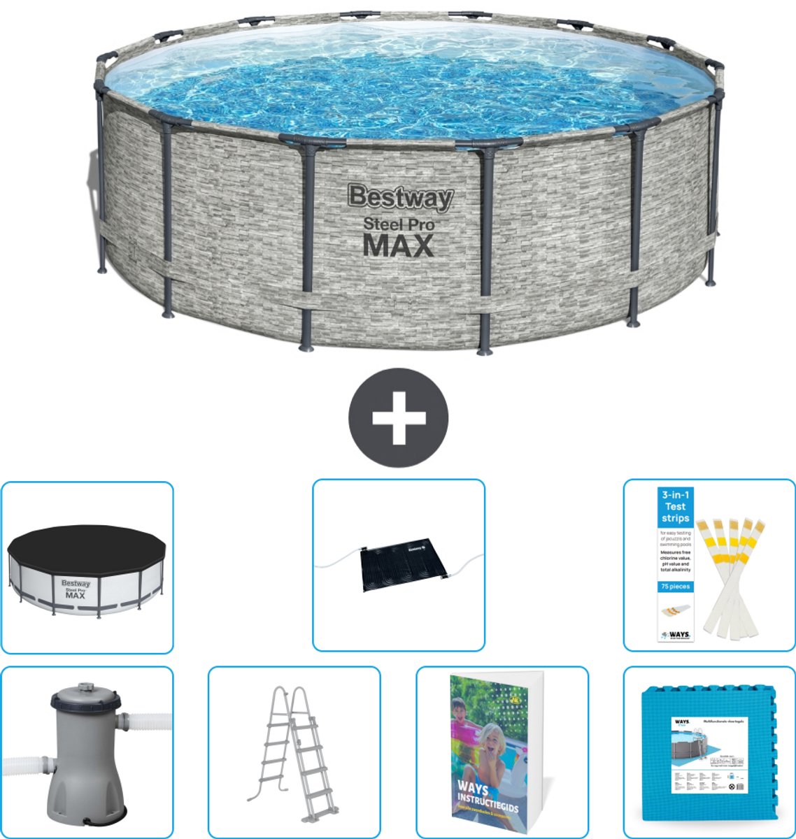 Bestway Rond Steel Pro MAX Zwembad - Steenprint - 427 x 122 cm - Inclusief Pomp - Ladder - Afdekzeil - Solar Mat - Vloertegels - 8-delig