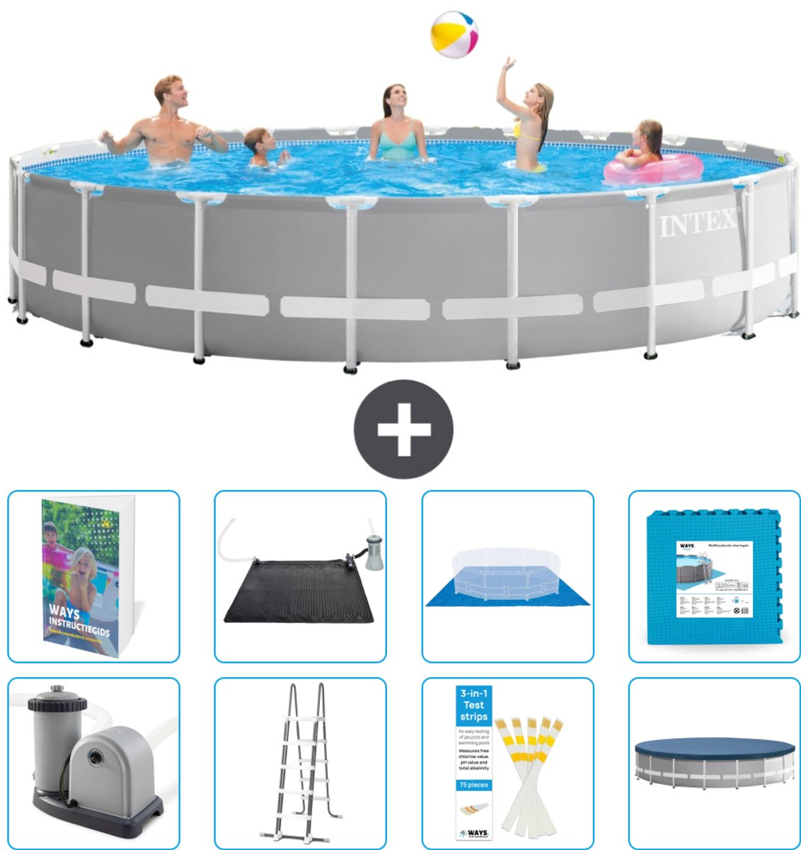 Intex Rond Prism Frame Zwembad - 610 x 132 cm - Grijs - Inclusief Pomp - Ladder - Grondzeil - Afdekzeil - Solar Mat - Vloertegels - 9-delig