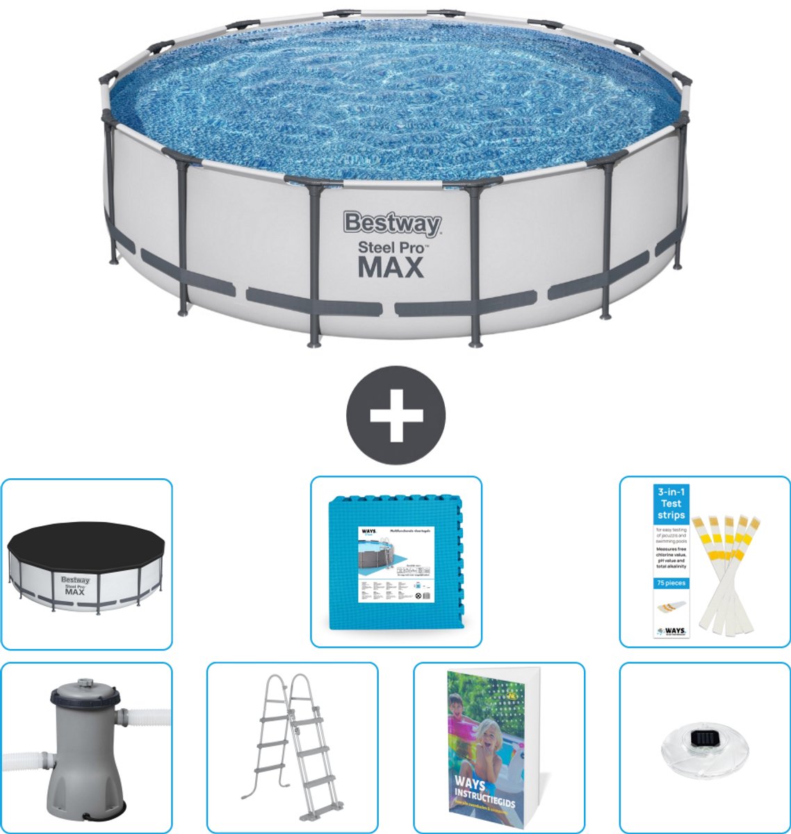 Bestway Rond Steel Pro MAX Zwembad - 427 x 107 cm - Grijs - Inclusief Pomp - Ladder - Afdekzeil - Vloertegels - Verlichting - 8-delig