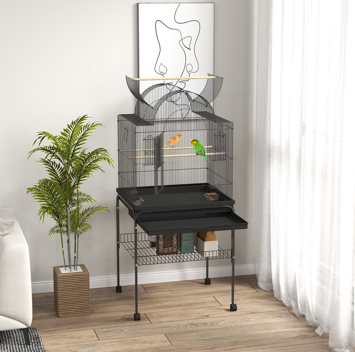 REDOM - Vogelkooi voor parkieten en kanaries - Stalen constructie met afsluitbare deuren, voerluiken en uitneembare lade - Staand met wielen - Zwart - 63 x 53 x 144 cm