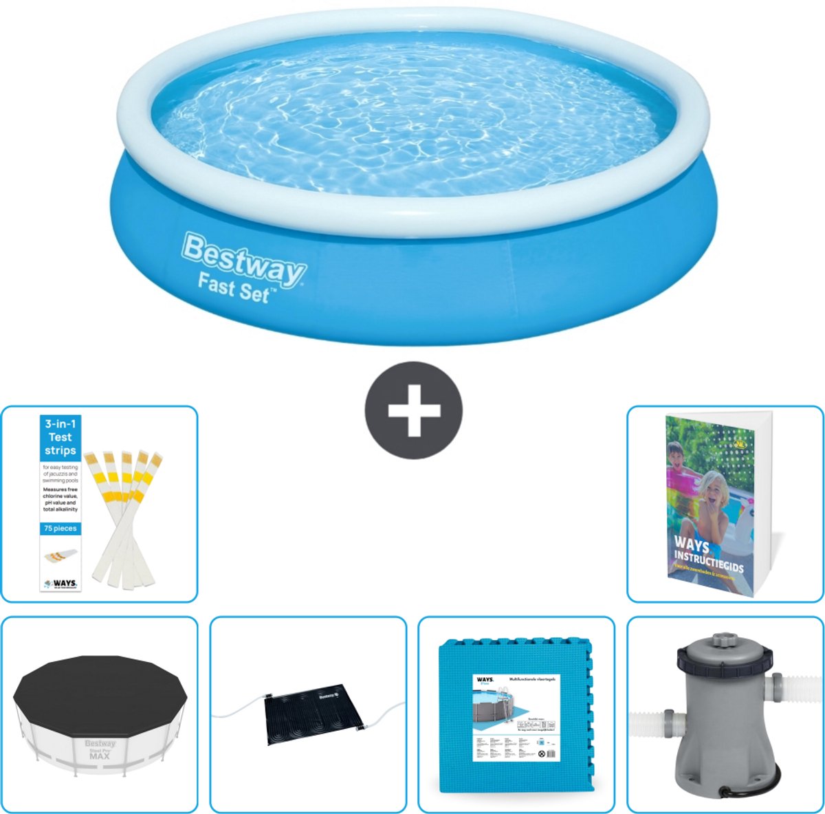 Bestway Rond Opblaasbaar Fast Set Zwembad - 366 x 76 cm - Blauw - Inclusief Afdekzeil - Solar Mat - Vloertegels - Zwembadfilterpomp - 7-delig