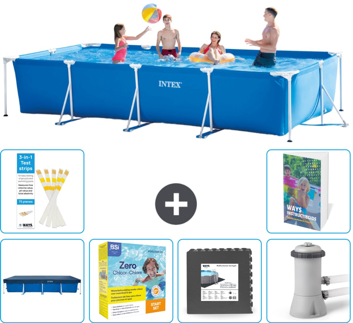 Intex Rechthoekig Frame Zwembad - 450 x 220 x 84 cm - Blauw - Inclusief Afdekzeil - Onderhoudspakket - Vloertegels - Zwembadfilterpomp - 7-delig