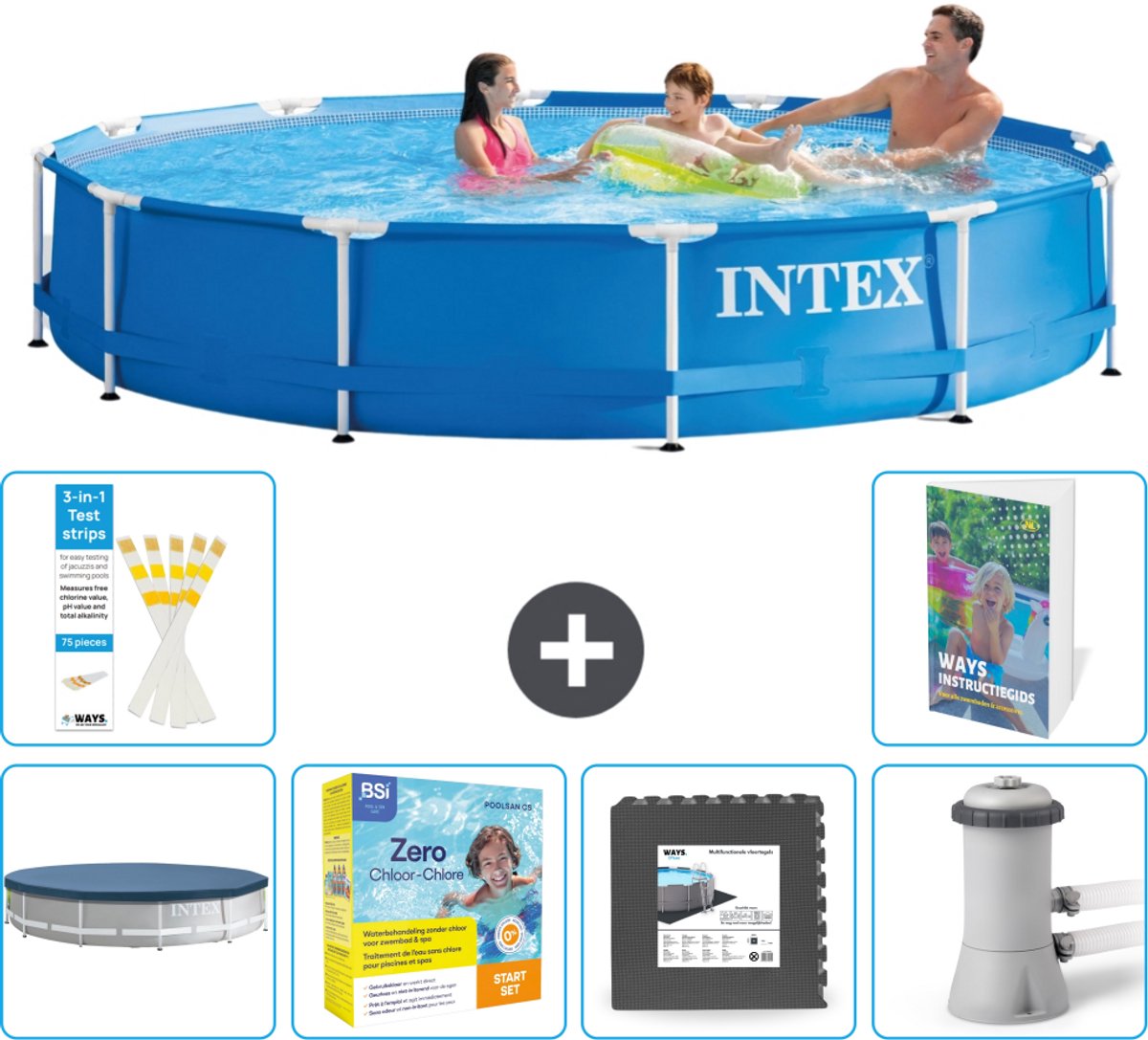 Intex Rond Frame Zwembad - 366 x 76 cm - Blauw - Inclusief Afdekzeil - Onderhoudspakket - Vloertegels - Zwembadfilterpomp - 7-delig
