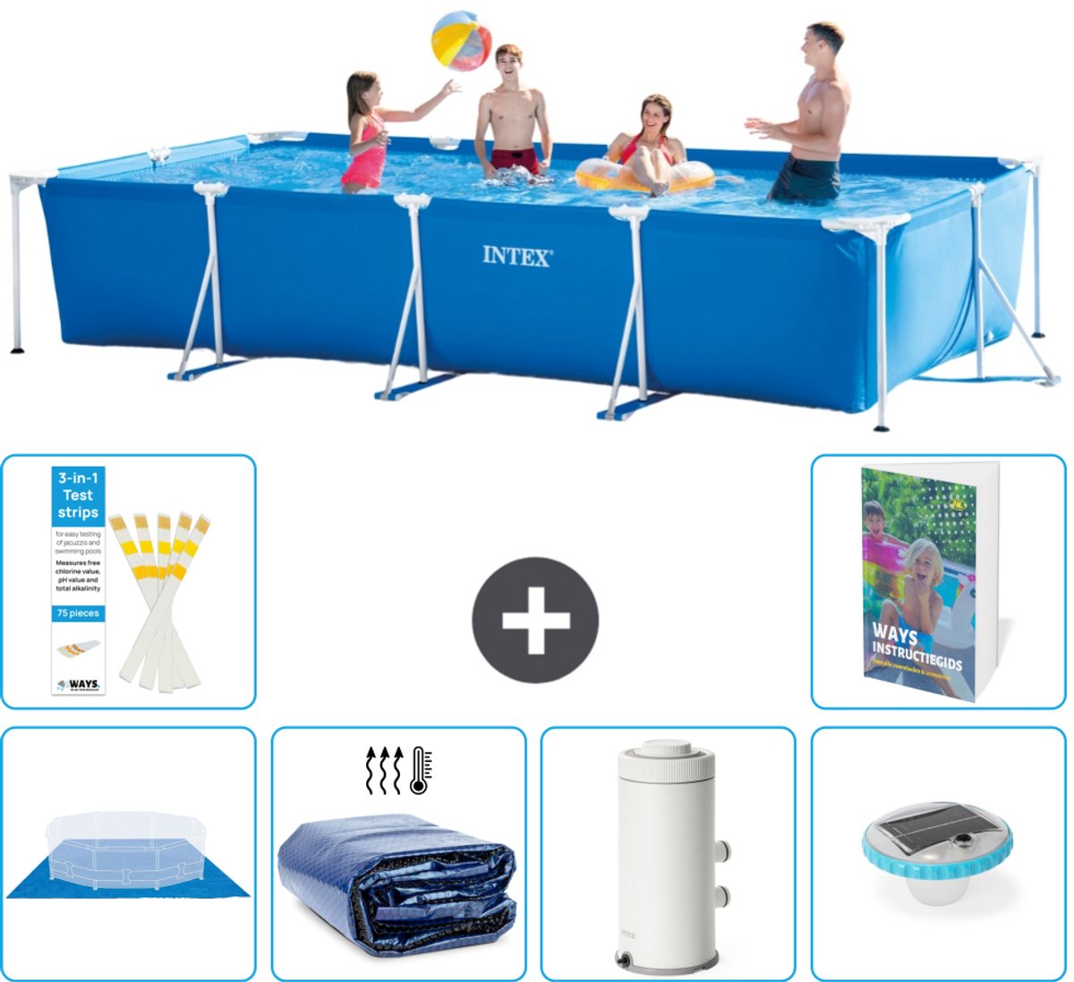 Intex Rechthoekig Frame Zwembad - 450 x 220 x 84 cm - Blauw - Inclusief Grondzeil - Solarzeil - Zwembadfilterpomp - Verlichting - 7-delig