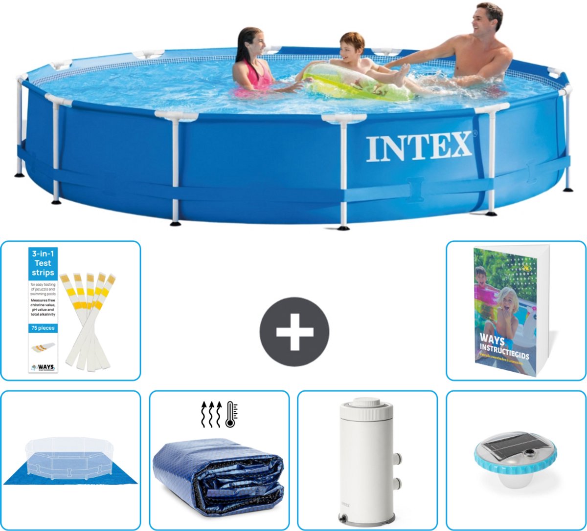Intex Rond Frame Zwembad - 366 x 76 cm - Blauw - Inclusief Grondzeil - Solarzeil - Zwembadfilterpomp - Verlichting - 7-delig