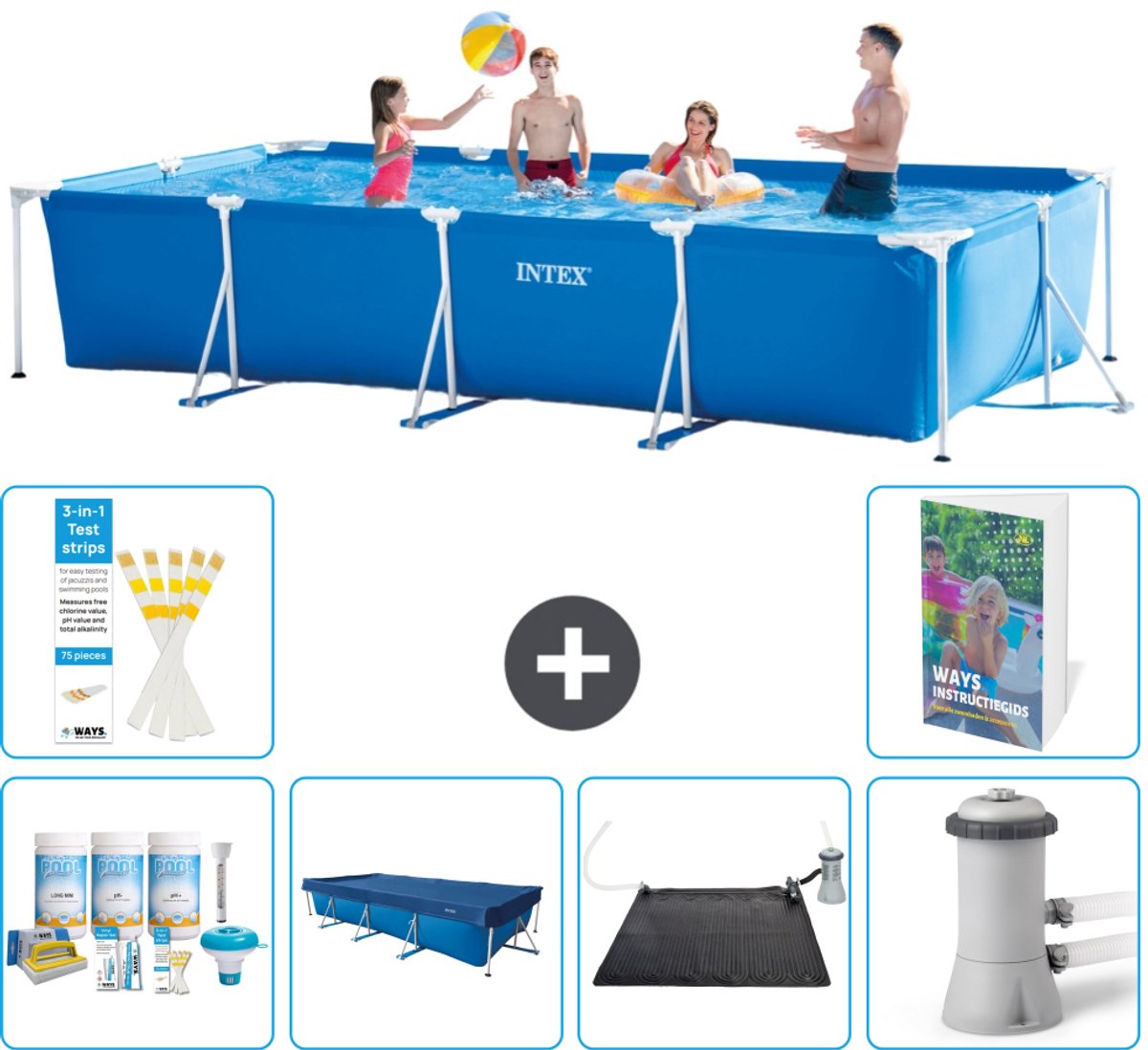 Intex Rechthoekig Frame Zwembad - 450 x 220 x 84 cm - Blauw - Inclusief Onderhoudspakket - Afdekzeil - Solar Mat - Zwembadfilterpomp - 7-delig