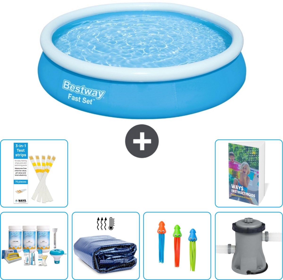 Bestway Rond Opblaasbaar Fast Set Zwembad - 366 x 76 cm - Blauw - Inclusief Onderhoudspakket - Solarzeil - Speelgoed - Zwembadfilterpomp - 7-delig