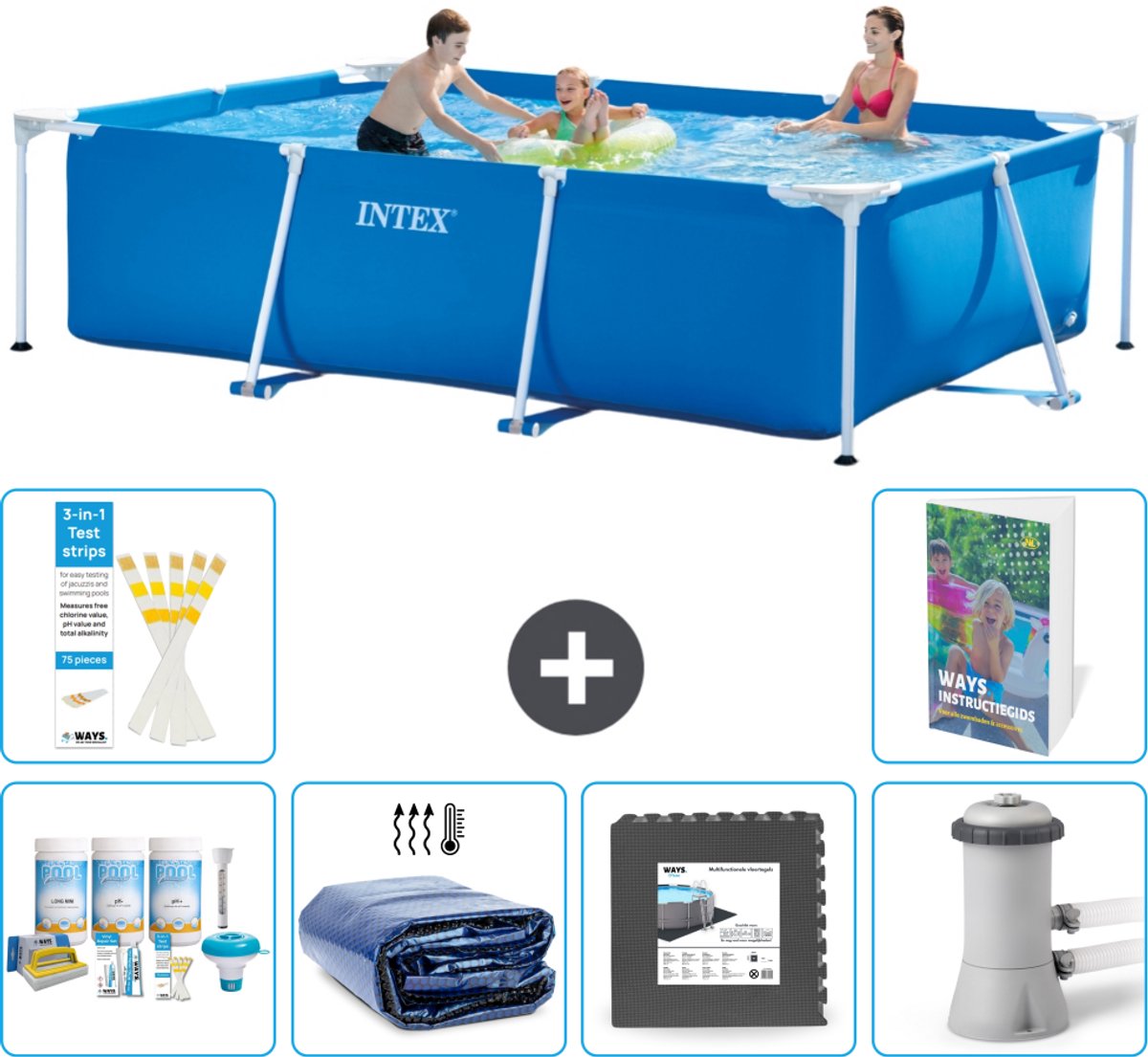 Intex Rechthoekig Frame Zwembad - 300 x 200 x 75 cm - Blauw - Inclusief Onderhoudspakket - Solarzeil - Vloertegels - Zwembadfilterpomp - 7-delig