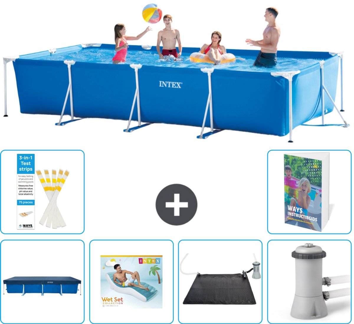 Intex Rechthoekig Frame Zwembad - 450 x 220 x 84 cm - Blauw - Inclusief Afdekzeil - Loungebed - Solar Mat - Zwembadfilterpomp - 7-delig