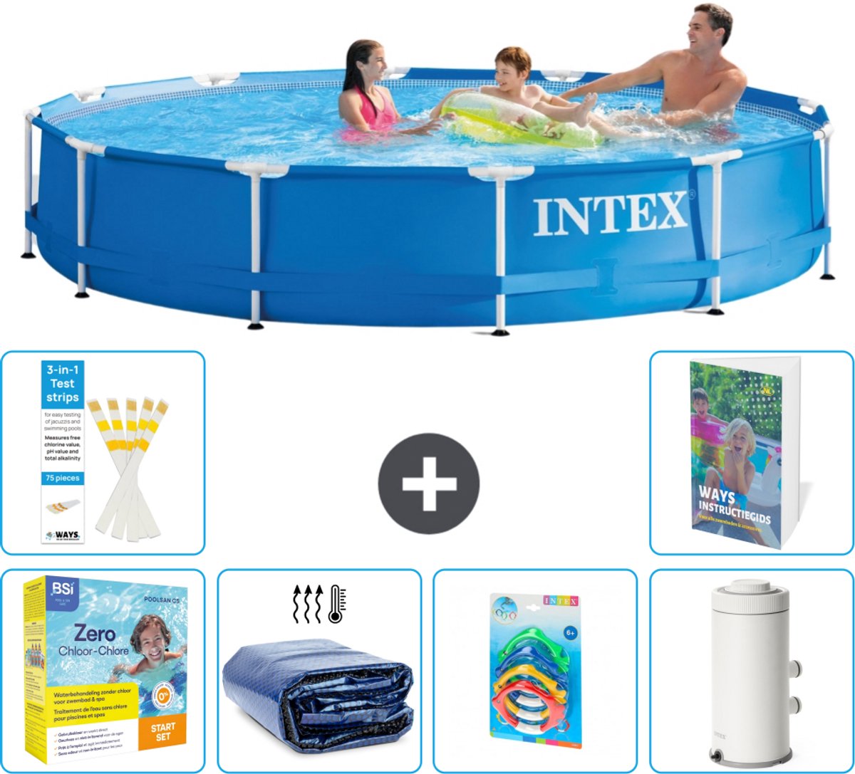 Intex Rond Frame Zwembad - 366 x 76 cm - Blauw - Inclusief Onderhoudspakket - Solarzeil - Speelgoed - Zwembadfilterpomp - 7-delig