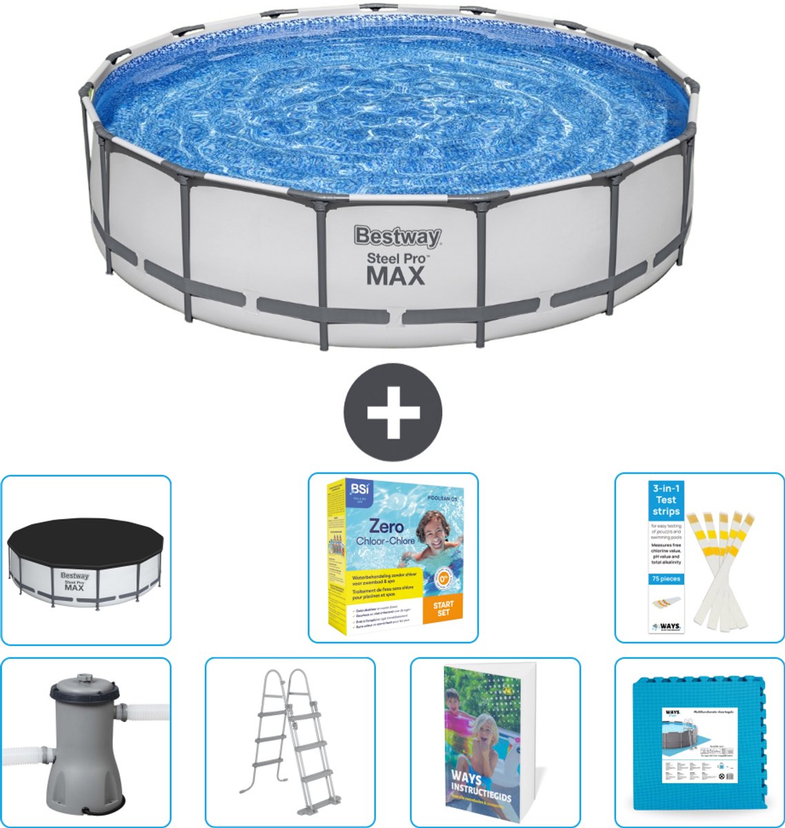 Bestway Rond Steel Pro MAX Zwembad - 457 x 107 cm - Grijs - Inclusief Pomp - Ladder - Afdekzeil - Onderhoudspakket - Vloertegels - 8-delig