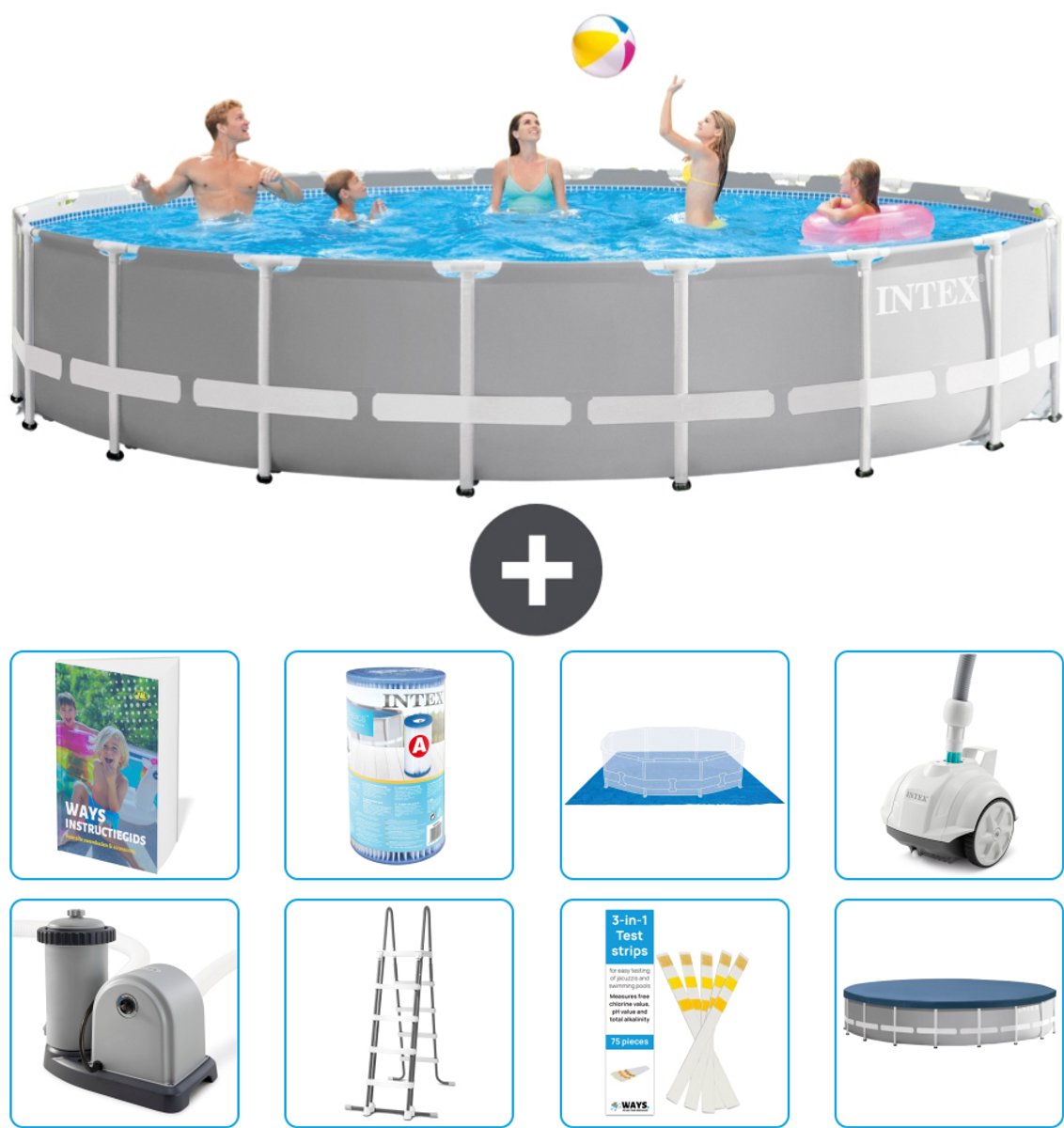 Intex Rond Prism Frame Zwembad - 610 x 132 cm - Grijs - Inclusief Pomp - Ladder - Grondzeil - Afdekzeil - Filter - Stofzuiger - 9-delig