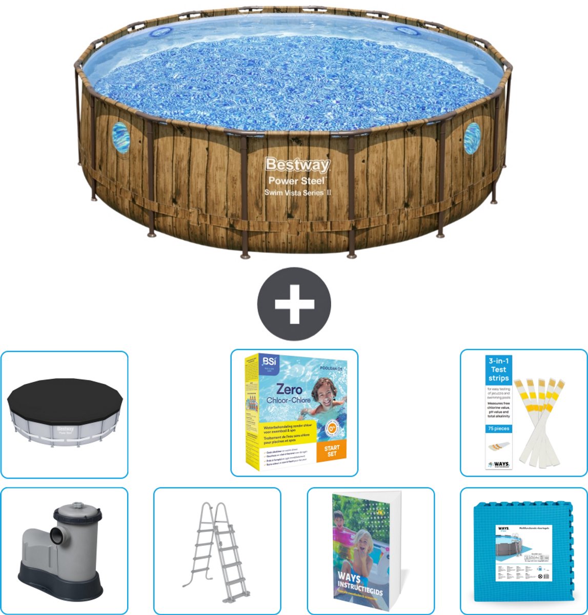 Bestway Rond Power Steel Swim Vista Zwembad - Houtprint - 488 x 122 - Inclusief Pomp - Ladder - Afdekzeil - Onderhoudspakket - Vloertegels - 8-delig