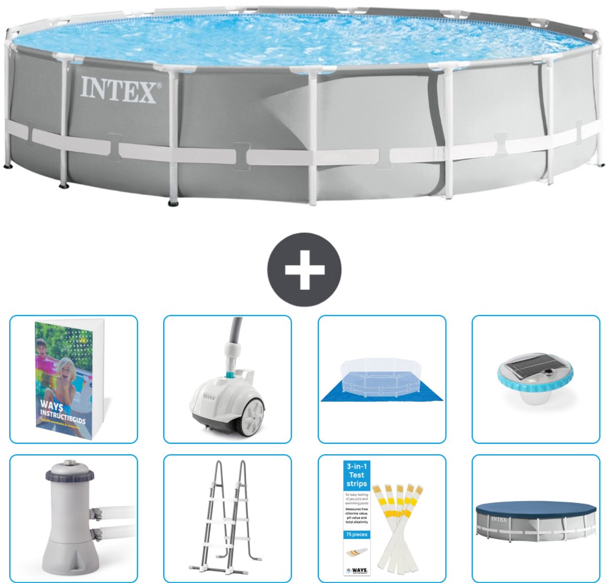 Intex Rond Prism Frame Zwembad - 457 x 107 cm - Grijs - Inclusief Pomp - Ladder - Grondzeil - Afdekzeil - Stofzuiger - Verlichting - 9-delig