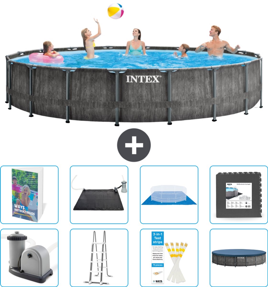 Intex Rond Prism Frame Greywood Zwembad - 549 x 122 cm - Inclusief Pomp - Ladder - Grondzeil - Afdekzeil - Solar Mat - Vloertegels - 9-delig