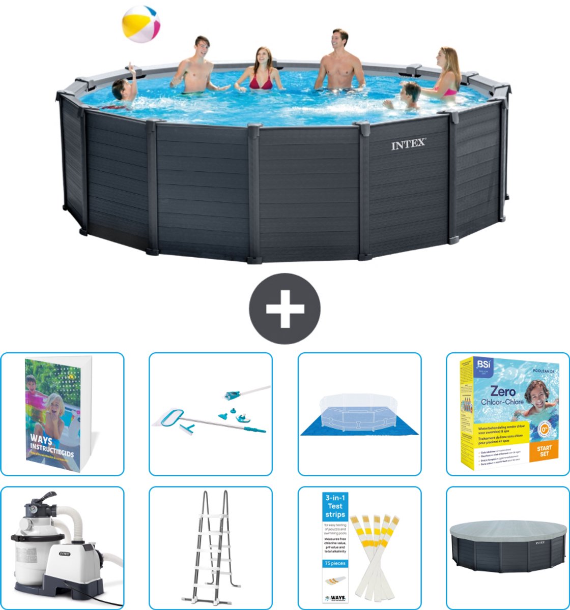 Intex Rond Graphite Gray Panel Zwembad - 478 x 124 cm - Inclusief Pomp - Ladder - Grondzeil - Afdekzeil - Schoonmaakset - Onderhoudspakket - 9-delig