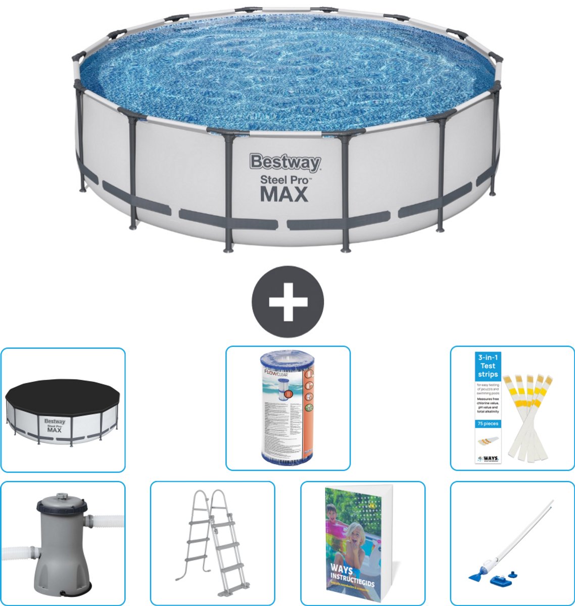 Bestway Rond Steel Pro MAX Zwembad - 427 x 107 cm - Grijs - Inclusief Pomp - Ladder - Afdekzeil - Filter - Stofzuiger - 8-delig