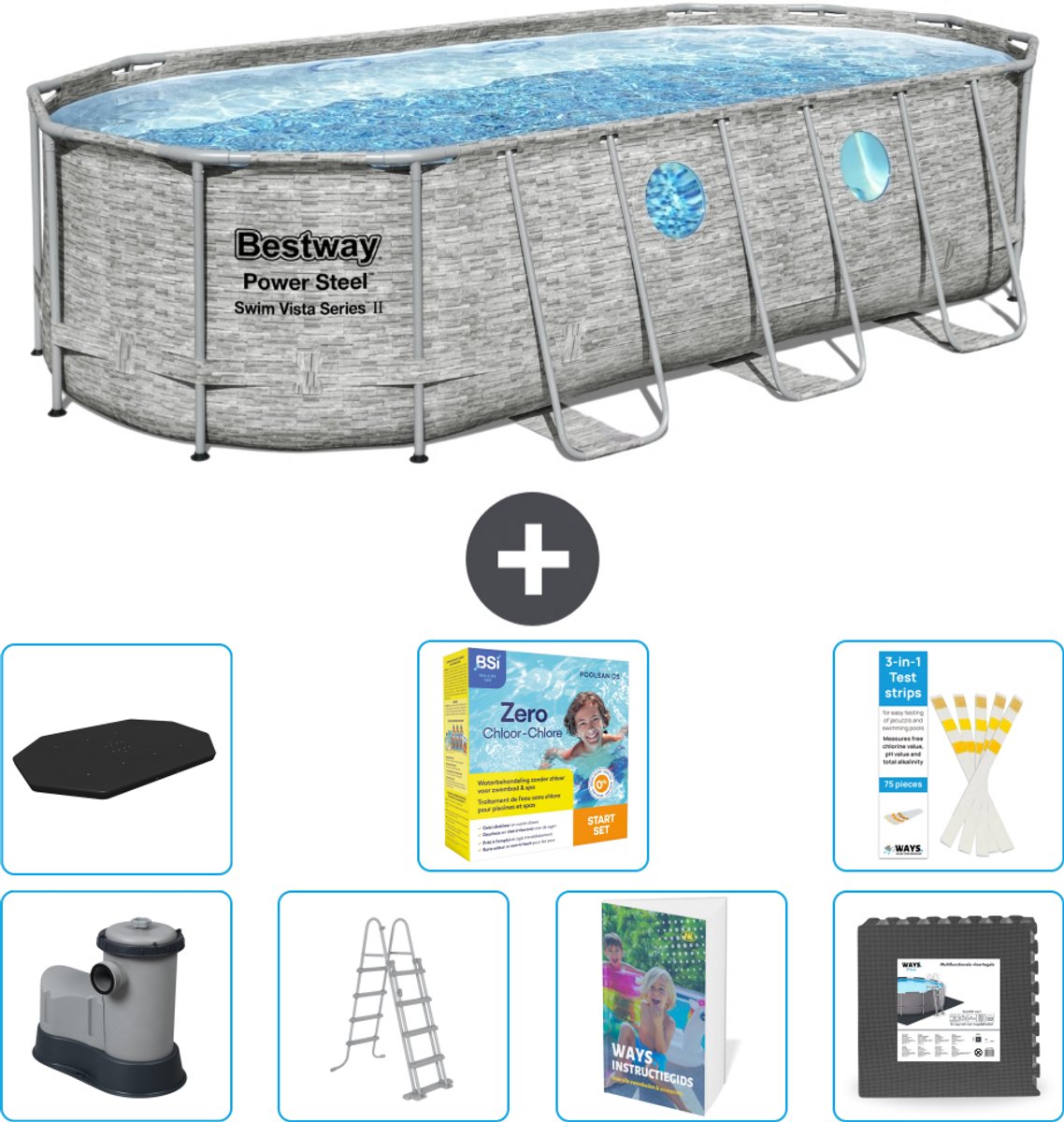 Bestway Ovaal Power Steel Swim Vista Zwembad - Steenprint - 549 x 274 x 122 - Inclusief Pomp - Ladder - Afdekzeil - Onderhoudspakket - Vloertegels - 8-delig